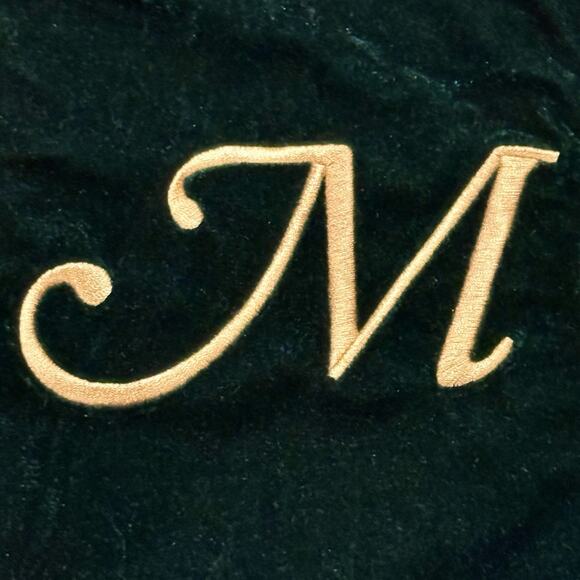 MONOGRAM LETTER INITIAL M GREEN Velvet Satin GOLD Embroidery CHRISTMAS STOCKING - Picture 2 of 7